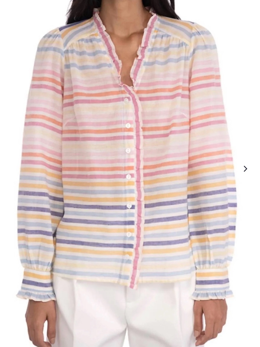 Banjanan Pastel Multi-Stripe Ruffle-Trim Button Front Blouse